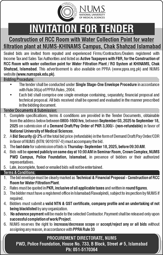 National University of Medical Sciences Islamabad Tender Notice